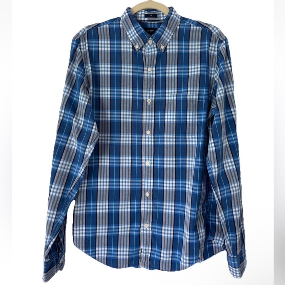 J.Crew Mens Blue Plaid Slim Fit Cotton Button Long Sleeve Shirt Medium, EUC